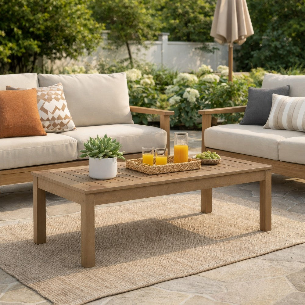 Ashley Karo 49 Inch Outdoor Coffee Table, Slatted, Natural Brown