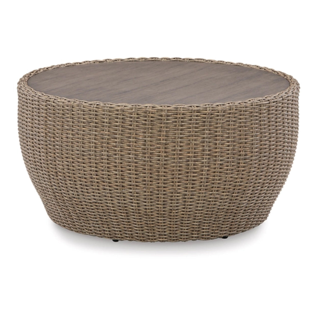 36 Inch Outdoor Coffee Table Curved Handwoven Resin Wicker Beige Finish By Casagear Home BM315974