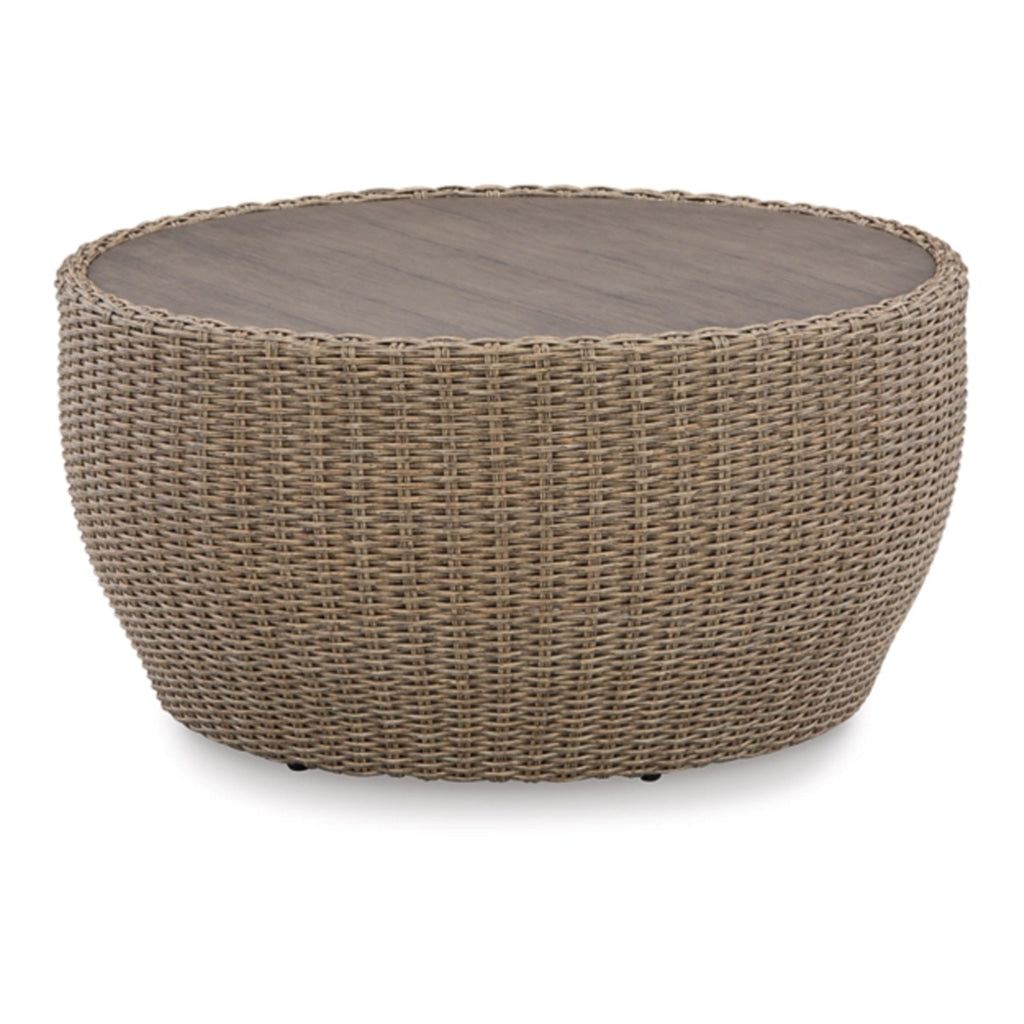 36 Inch Outdoor Coffee Table Curved Handwoven Resin Wicker Beige Finish By Casagear Home BM315974