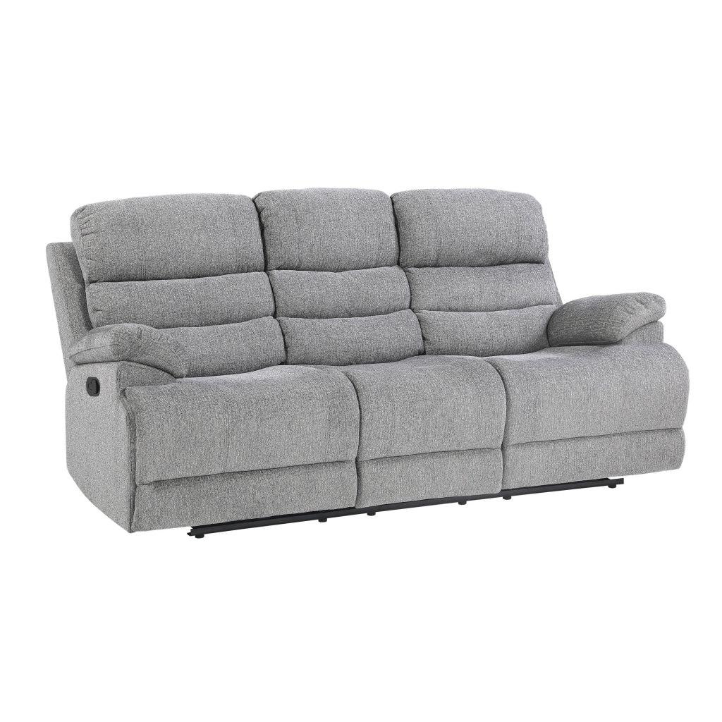 Leena 84 Inch Manual Double Recliner Sofa, Gray Chenille, Solid Wood By Casagear Home