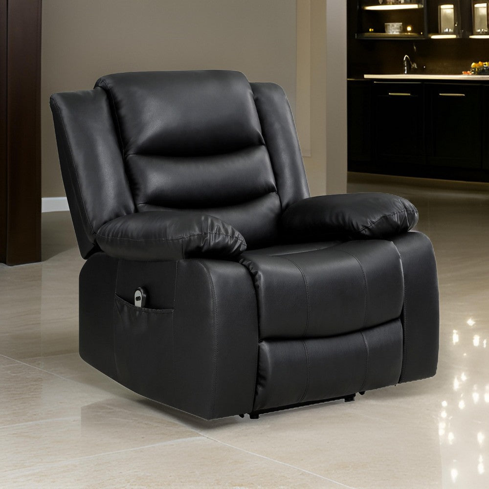 Carry 39 Inch Power Lift Recliner Chair, Black Faux Leather, Solid Wood By Casagear Home