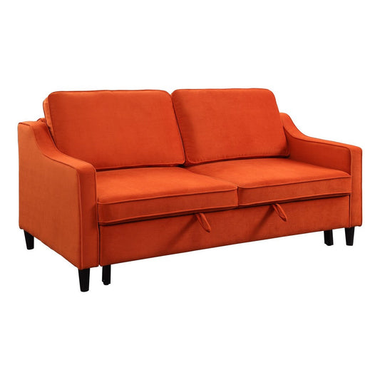 Katy 72 Inch Sleeper Sofa, Convertible Pull Out Bed, Wood, Orange Velvet By Casagear Home