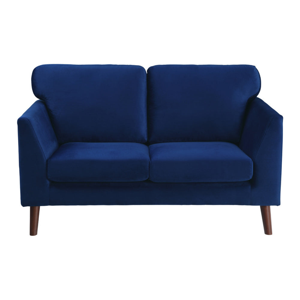 Brad 58 Inch Loveseat Blue Velvet Reversible Cushions Dark Brown Legs By Casagear Home BM316007