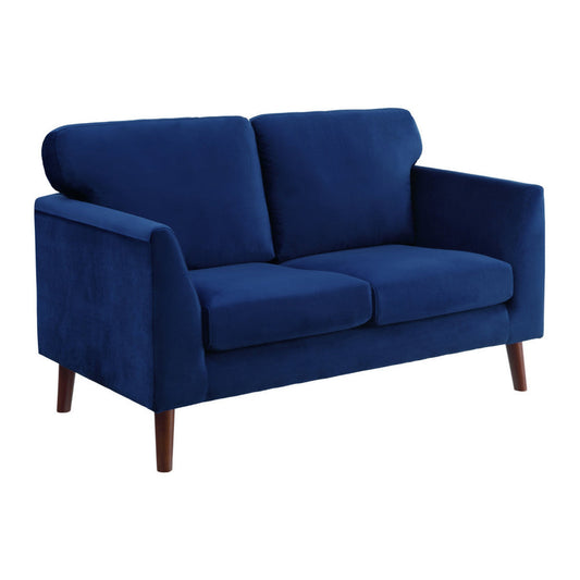 Brad 58 Inch Loveseat, Blue Velvet Reversible Cushions, Dark Brown Legs By Casagear Home