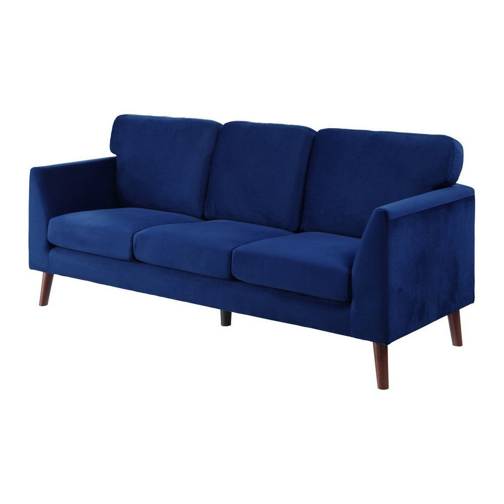 Bard 81 Inch Sofa Blue Velvet Reversible Cushions Dark Brown Solid Wood By Casagear Home