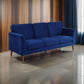 Bard 81 Inch Sofa Blue Velvet Reversible Cushions Dark Brown Solid Wood By Casagear Home BM316008