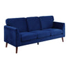 Bard 81 Inch Sofa Blue Velvet Reversible Cushions Dark Brown Solid Wood By Casagear Home BM316008