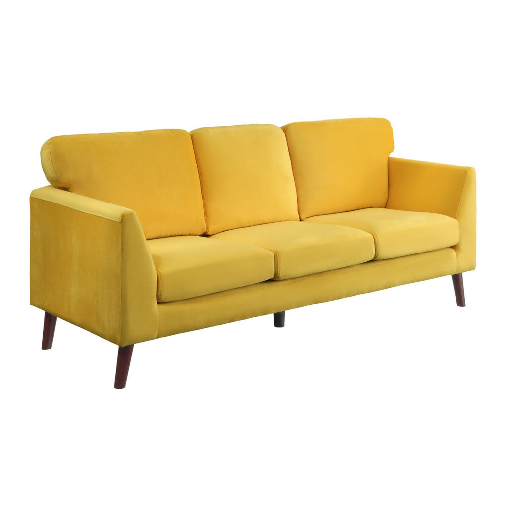 Bard 81 Inch Sofa Yellow Velvet Reversible Cushions Dark Brown Wood By Casagear Home BM316012