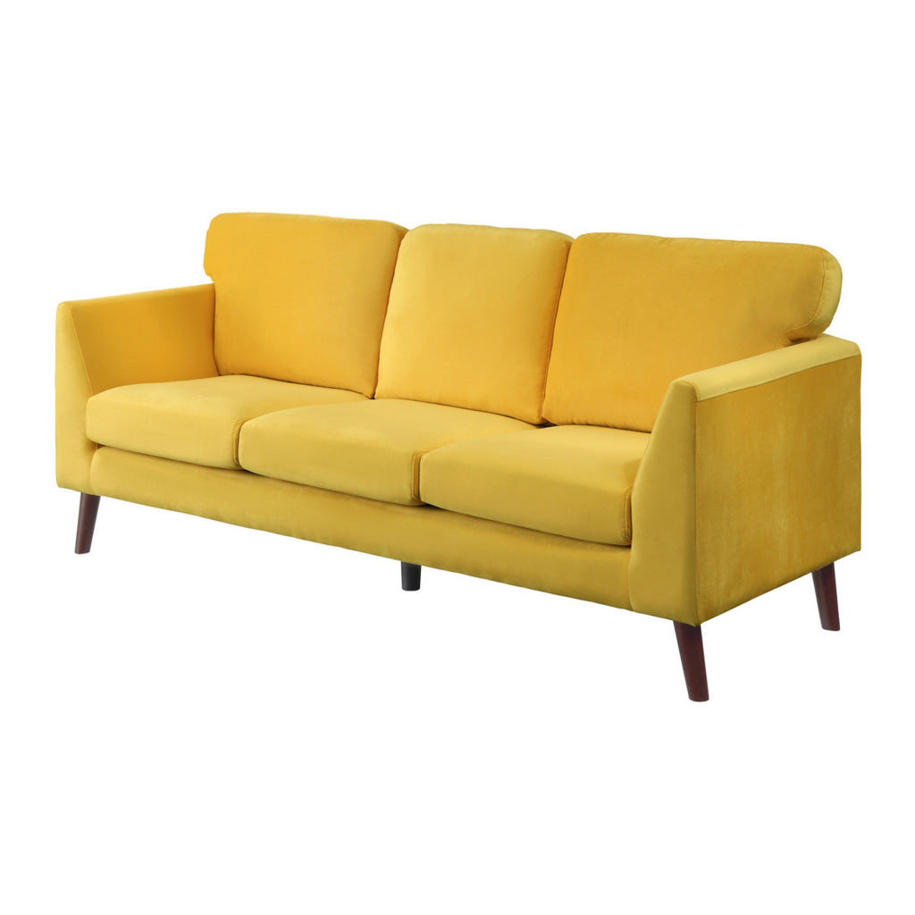 Bard 81 Inch Sofa Yellow Velvet Reversible Cushions Dark Brown Wood By Casagear Home BM316012