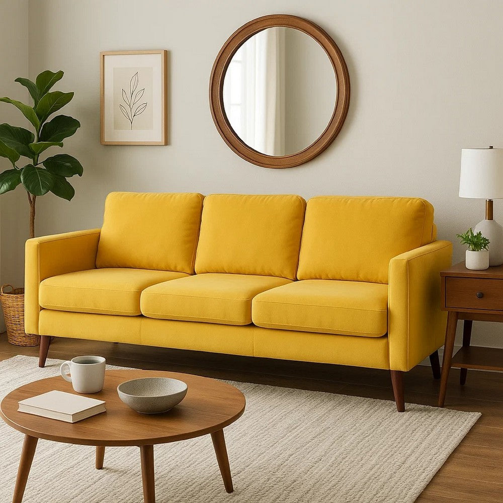 Bard 81 Inch Sofa, Yellow Velvet, Reversible Cushions, Dark Brown Wood By Casagear Home