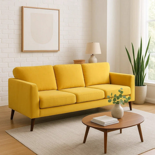 Bard 81 Inch Sofa, Yellow Velvet, Reversible Cushions, Dark Brown Wood By Casagear Home