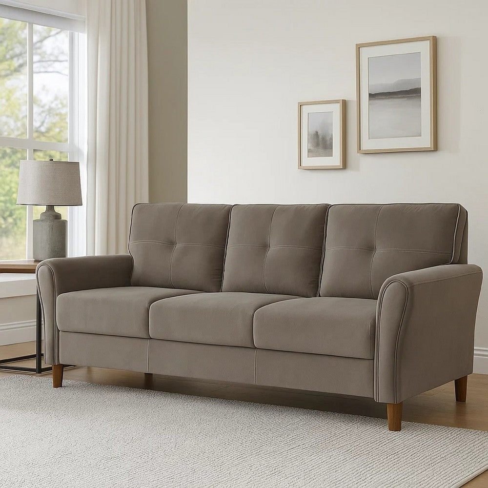 Sarah 80 Inch Sofa, Brown Velvet, Stitch Tufting, Reversible Cushions By Casagear Home