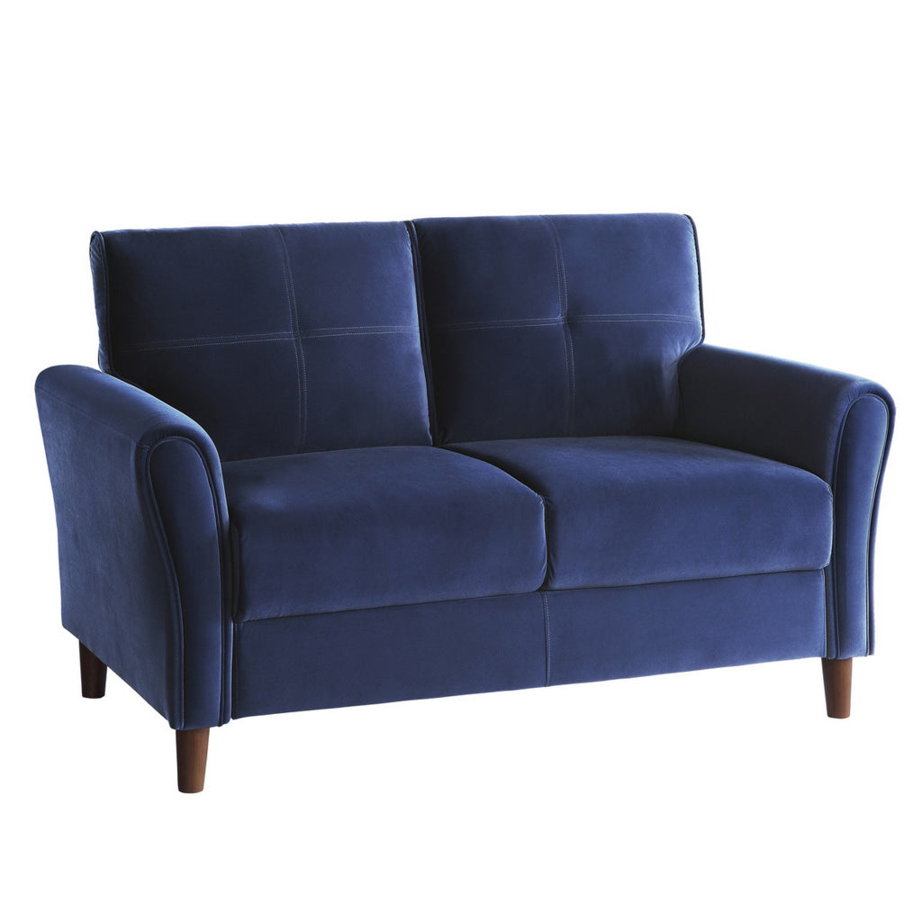 Sarah 57 Inch Loveseat Blue Velvet Stitch Tufting Reversible Cushions By Casagear Home BM316019