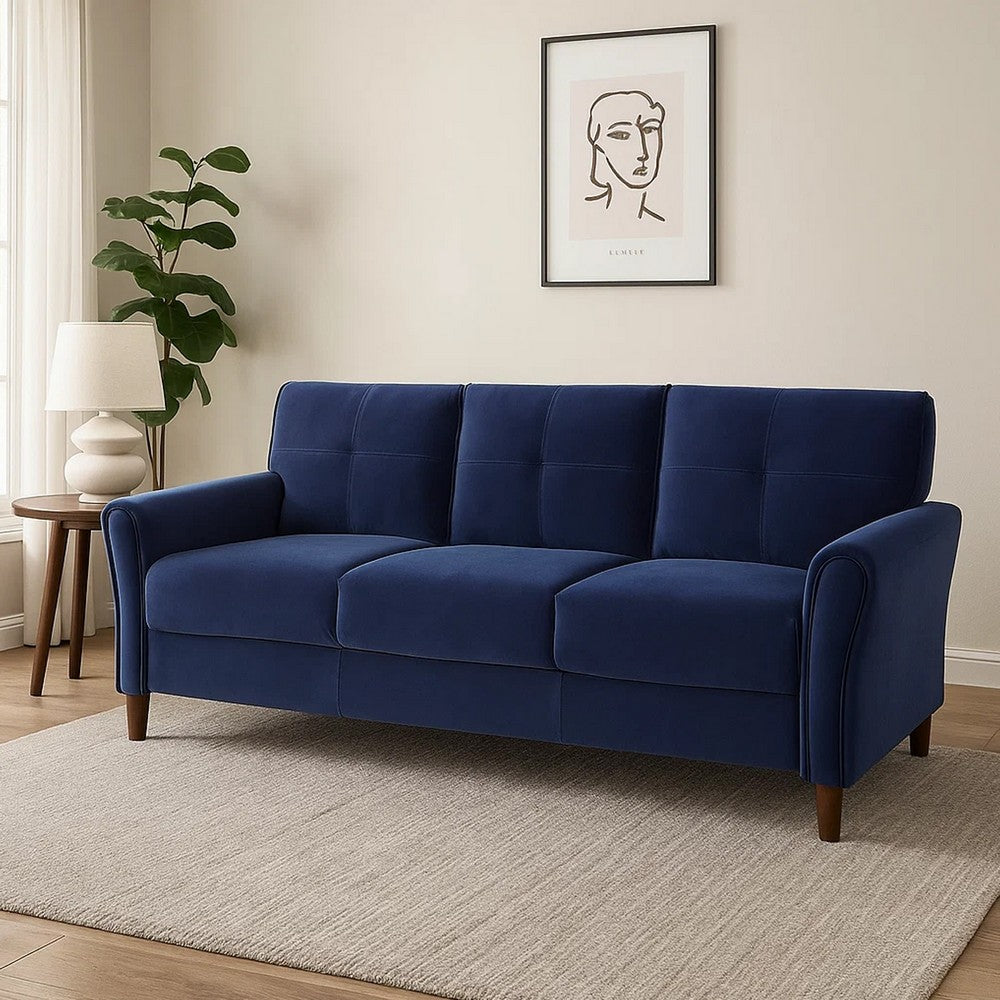 Sarah 80 Inch Sofa, Blue Velvet, Stitch Tufting, Reversible Cushions By Casagear Home