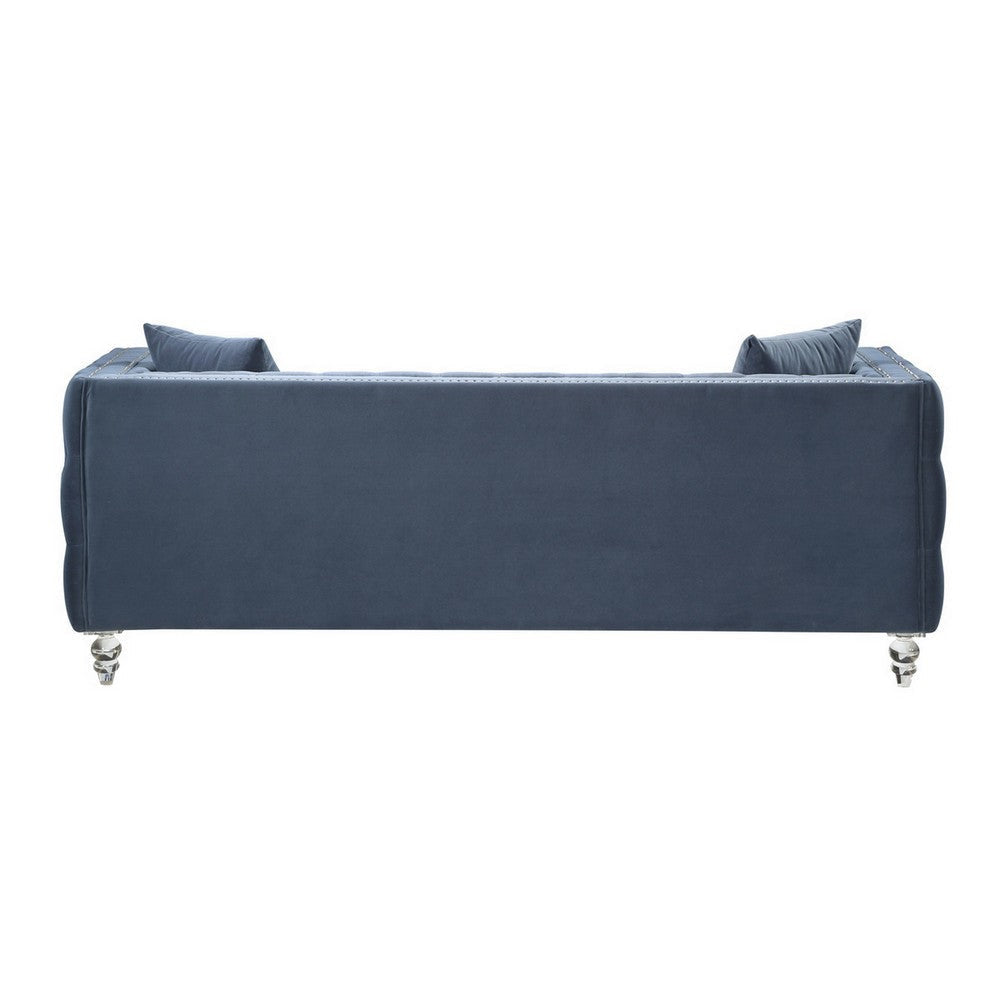 Gigi 85 Inch Sofa Dark Blue Velvet Nailhead Trim Reversible Cushions By Casagear Home BM316026