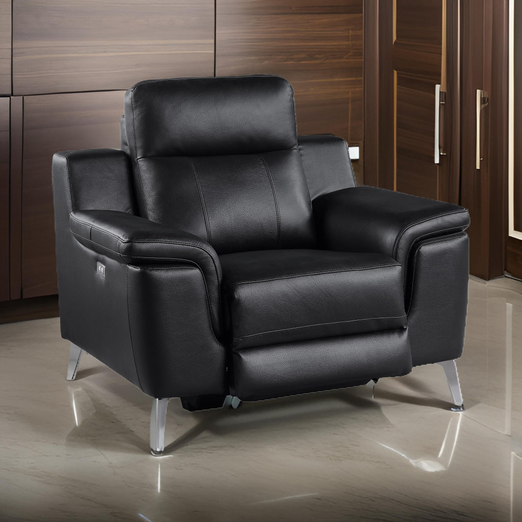 Dave 39 Inch Power Recliner Chair Black Faux and Real Leather Solid Wood By Casagear Home BM316029