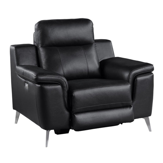 Dave 39 Inch Power Recliner Chair, Black Faux and Real Leather, Solid Wood By Casagear Home