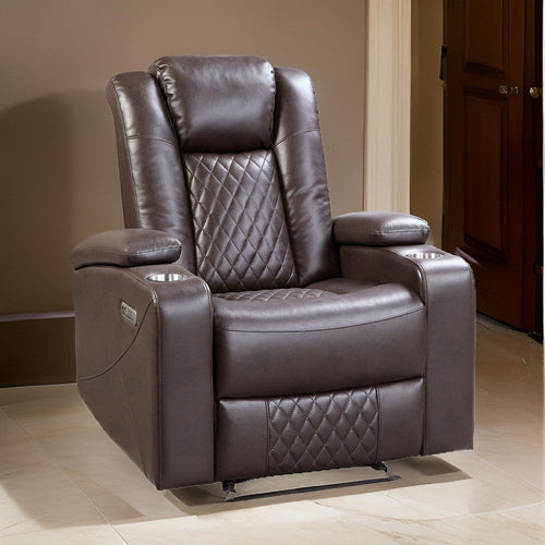 Alan 40 Inch Power Recliner Chair, Brown Faux Leather, USB, Cupholders By Casagear Home