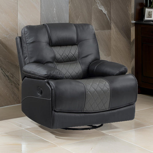 Liam 39 Inch Manual Swivel Glider Recliner Chair, Gray Faux Leather, Wood By Casagear Home