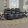 Liam 88 Inch Manual Recliner Sofa, Drop Table Cupholders, Gray Faux Leather By Casagear Home