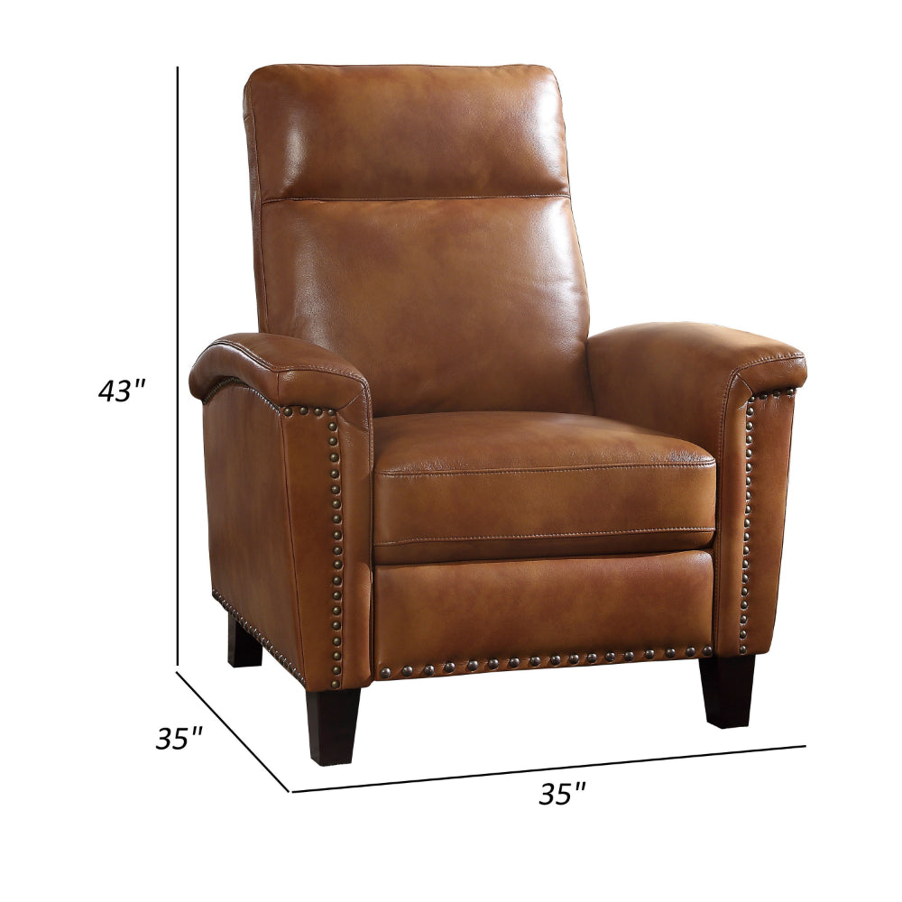 Iser 35 Inch Push Back Manual Recliner Chair, Brown Faux Leather Solid Wood By Casagear Home