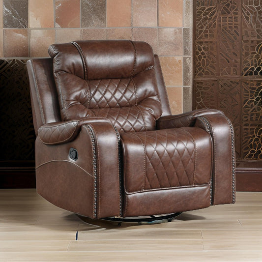 Paul 38 Inch Manual Swivel Glider Recliner Chair, Brown Faux Leather By Casagear Home