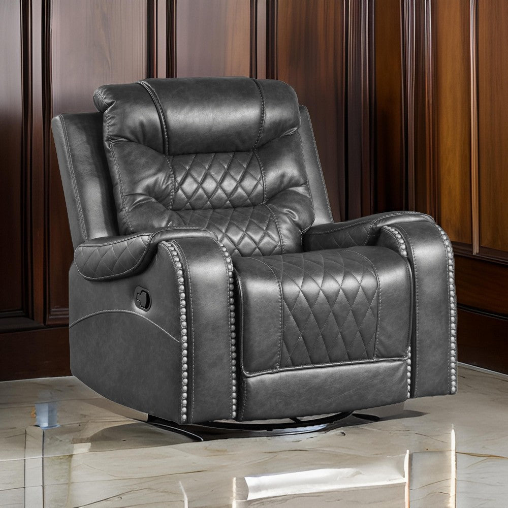 Paul 38 Inch Manual Swivel Glider Recliner Chair, Gray Faux Leather By Casagear Home