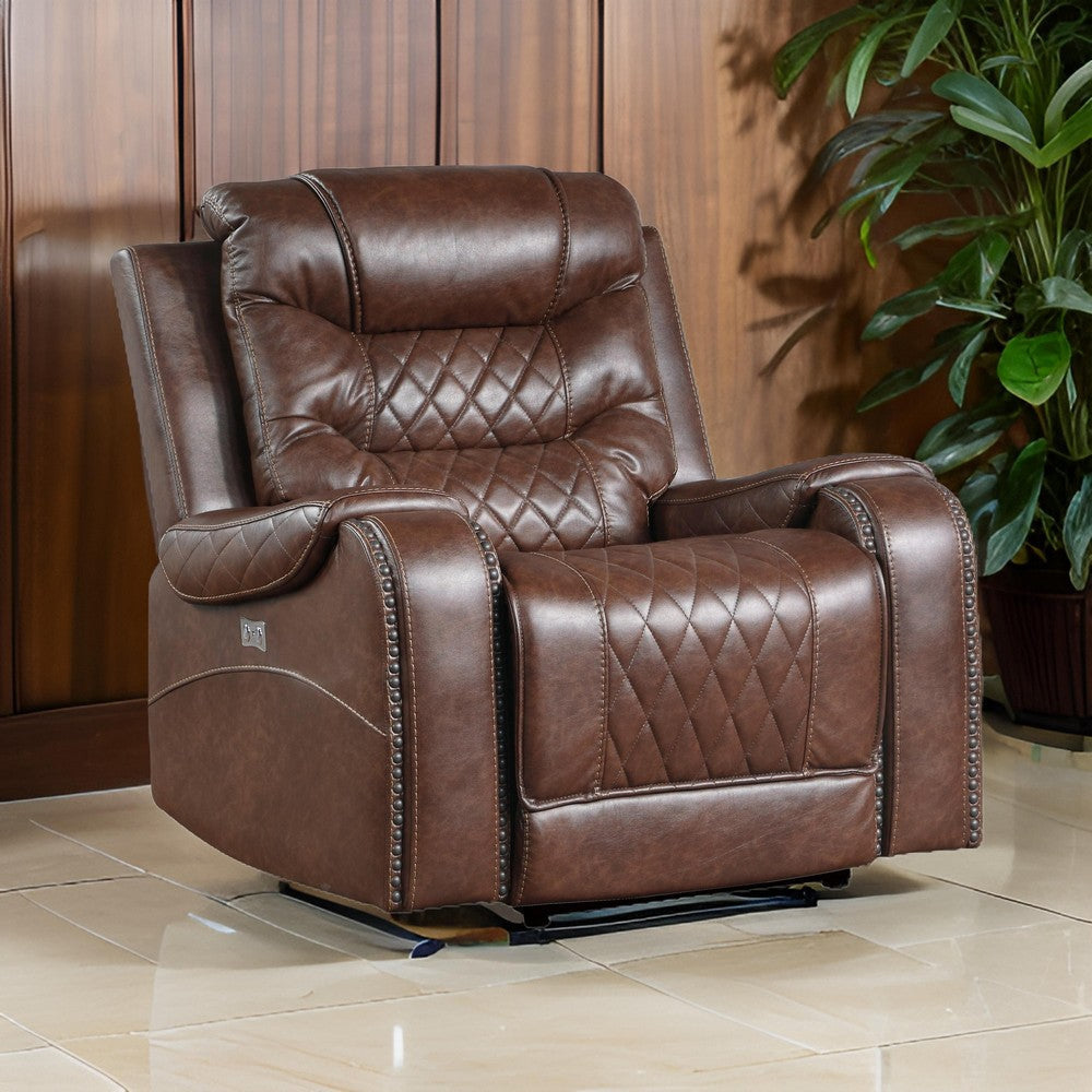 Paul 38 Inch Power Swivel Glider Recliner Chair, USB, Brown Faux Leather By Casagear Home