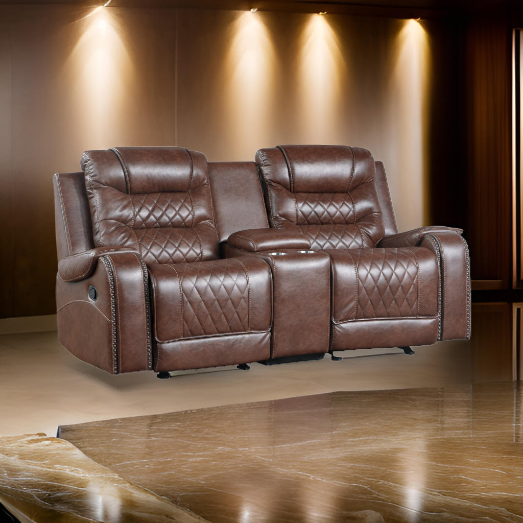 Paul 78 Inch Manual Recliner Loveseat, Cupholder Console Brown Faux Leather By Casagear Home