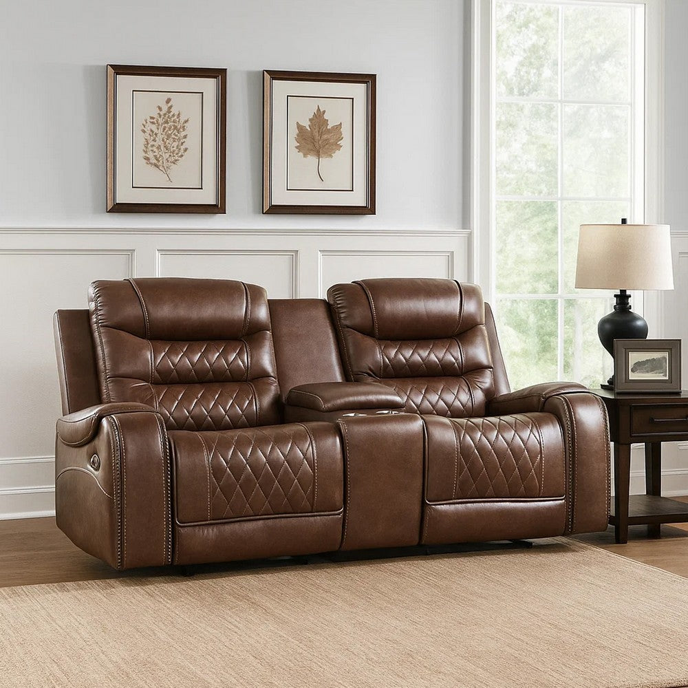 Paul 78 Inch Manual Recliner Loveseat, Cupholder Console Brown Faux Leather By Casagear Home