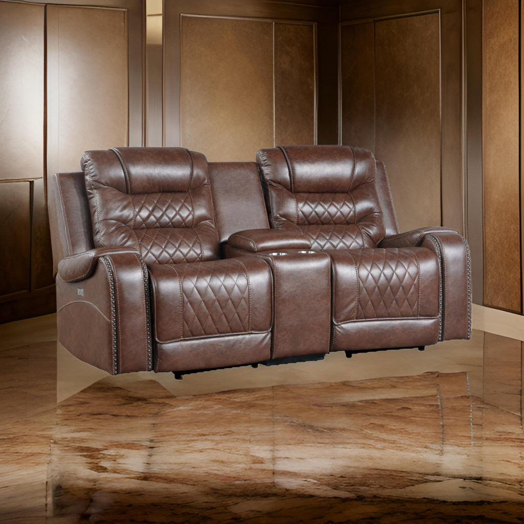 Paul 78 Inch Power Recliner Loveseat, Cupholder Console, Brown Faux Leather By Casagear Home