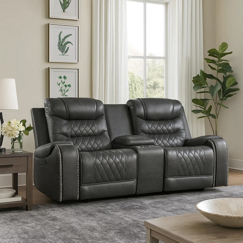 Paul 78 Inch Power Recliner Loveseat, Cupholder Console, Gray Faux Leather By Casagear Home