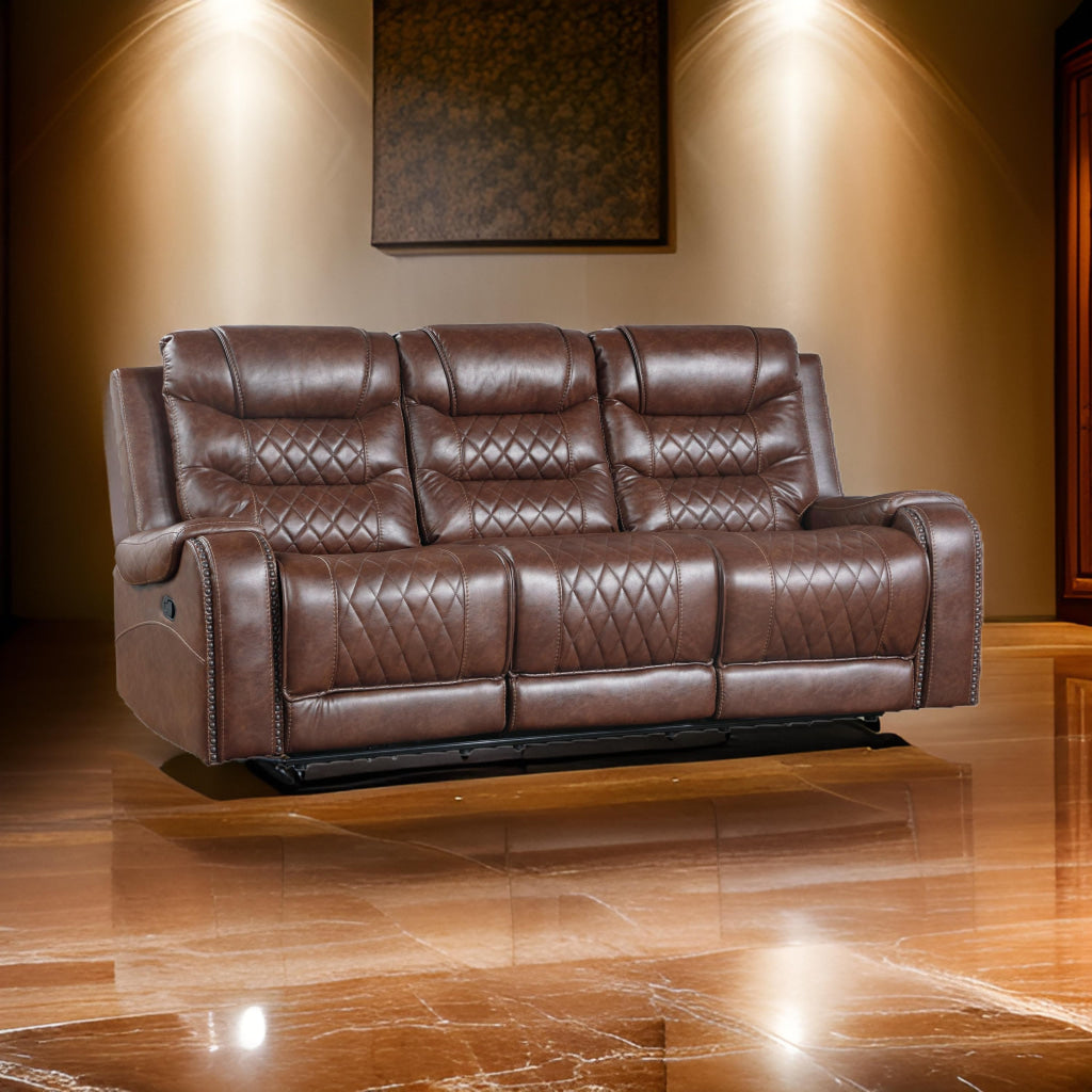 Paul 87 Inch Manual Recliner Sofa, Drop Table Cupholders Brown Faux Leather By Casagear Home