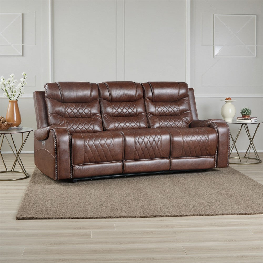 Paul 87 Inch Power Recliner Sofa, Drop Table Cupholders Brown Faux Leather By Casagear Home