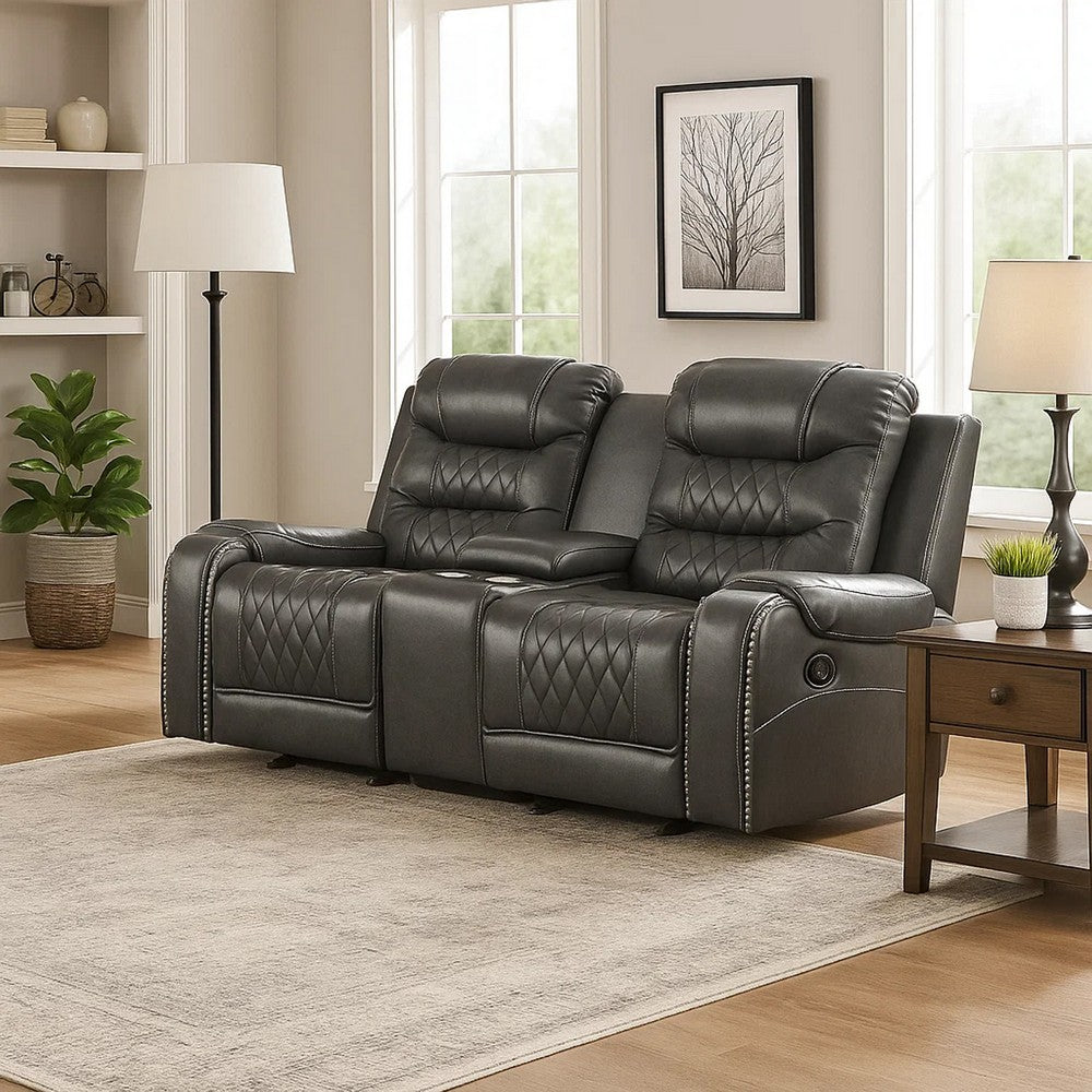 Paul 78 Inch Manual Recliner Loveseat, Cupholder Console Gray Faux Leather By Casagear Home