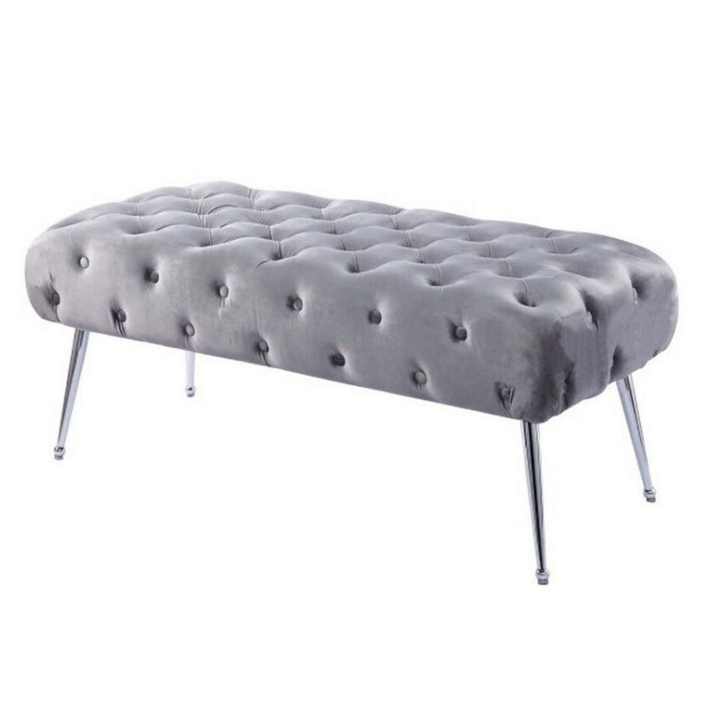 Rey 48 Inch Accent Bench, Tufted Gray Velvet Upholstery Padded Seat, Chrome By Casagear Home