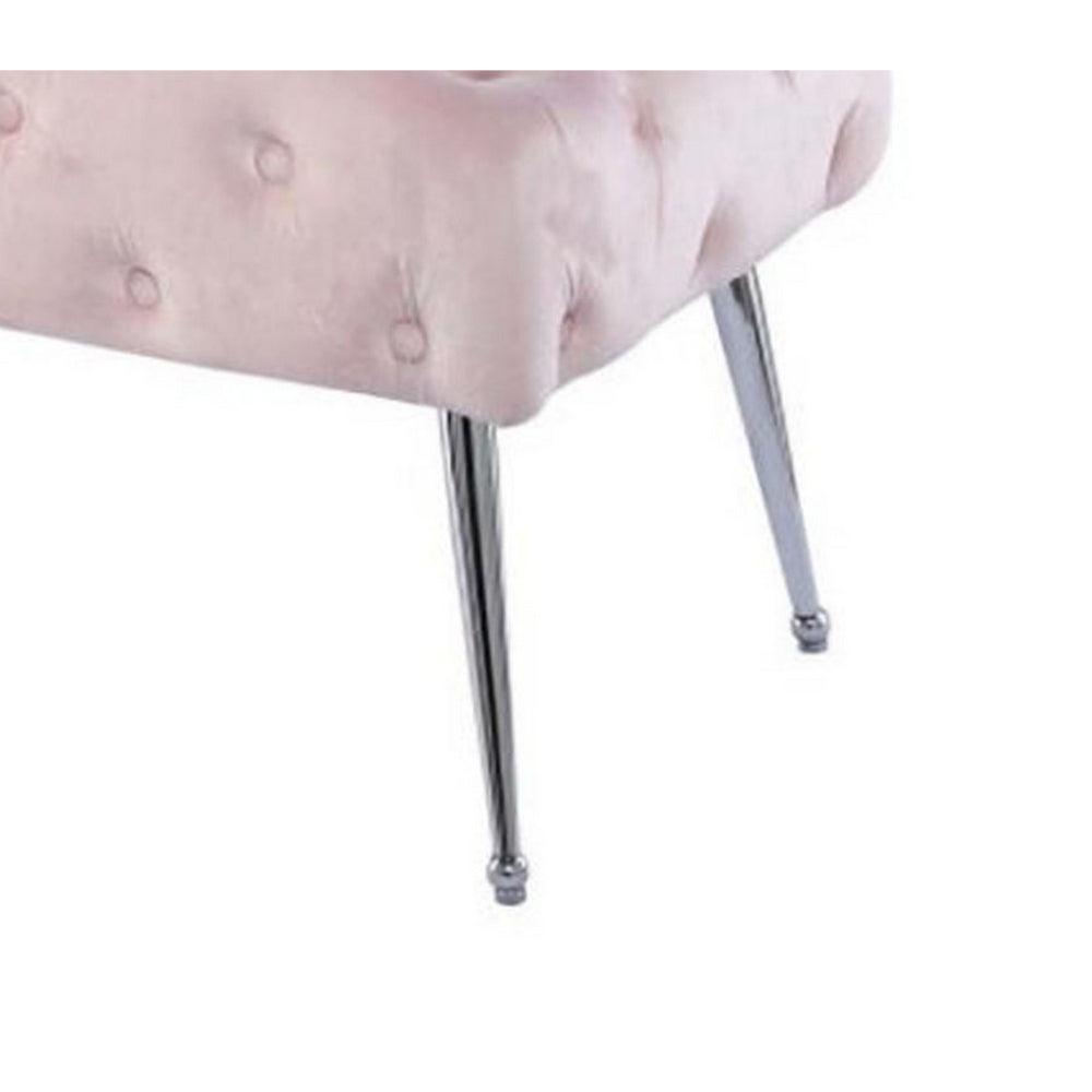 Rey 48 Inch Accent Bench, Tufted Pink Velvet Upholstery Padded Seat, Chrome By Casagear Home