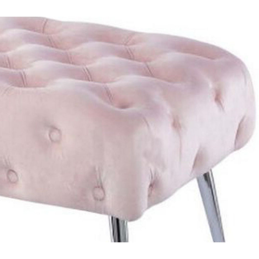 Rey 48 Inch Accent Bench, Tufted Pink Velvet Upholstery Padded Seat, Chrome By Casagear Home