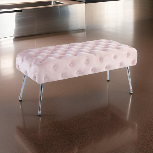 Rey 48 Inch Accent Bench, Tufted Pink Velvet Upholstery Padded Seat, Chrome By Casagear Home