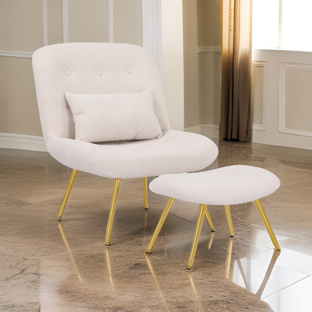 Lea 2pc Accent Lounge Chair and Ottoman Set, Tan Teddy Upholstery, Gold By Casagear Home