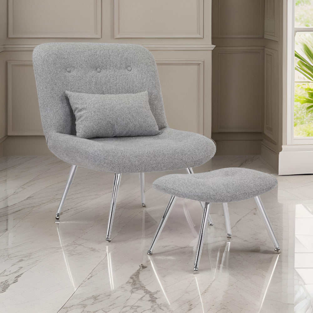 Lea 2pc Modern Lounge Chair and Ottoman Set, Gray Woven Upholstery, Chrome By Casagear Home