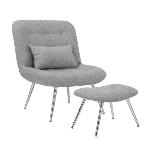 Lea 2pc Modern Lounge Chair and Ottoman Set, Gray Woven Upholstery, Chrome By Casagear Home