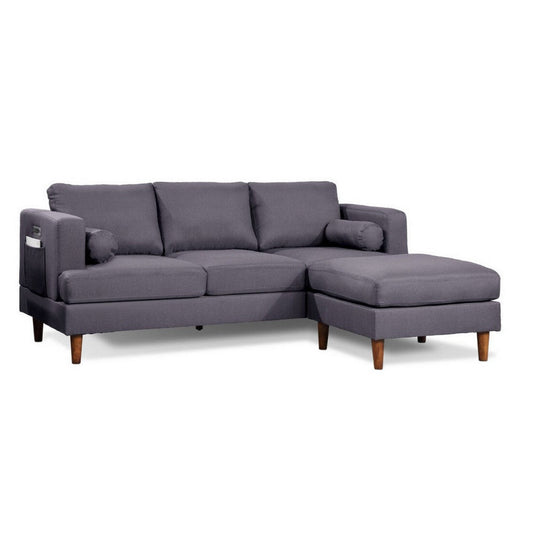 Ifo 84 Inch Plush Sofa with Reversible Chaise Ottoman, USB, Dark Gray By Casagear Home