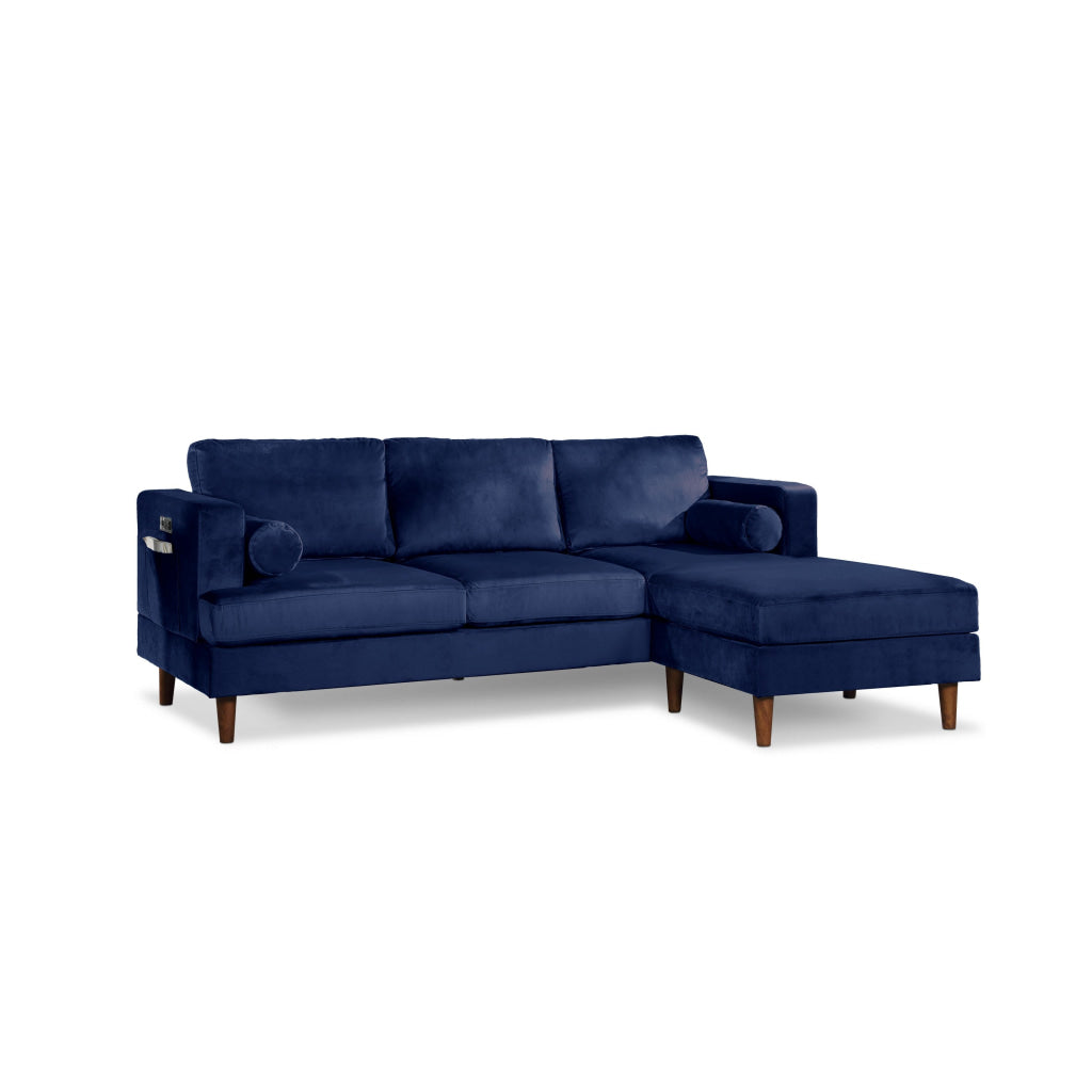 Ifo 84 Inch Sofa with Reversible Chaise Ottoman USB Navy Blue Velvet By Casagear Home BM316082