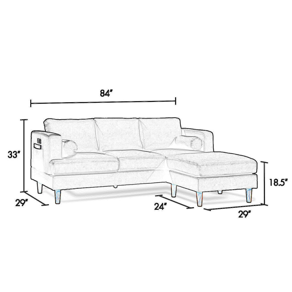 Ifo 84 Inch Sofa with Reversible Chaise Ottoman USB Classic Black Velvet By Casagear Home BM316084