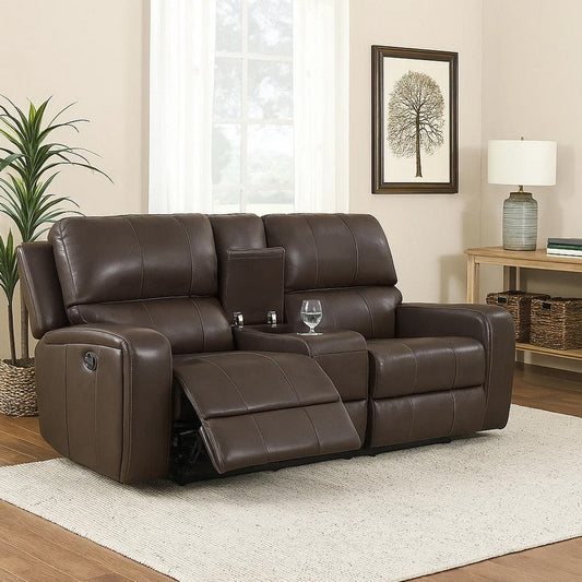 Elle 72 Inch Loveseat, Manual Recliner, Center Console, Brown Faux Leather By Casagear Home