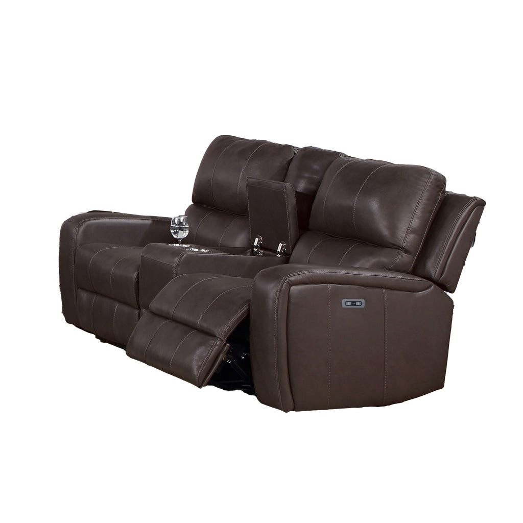 Elle 72 Inch Loveseat Power Recliner Console USB Brown Real Leather By Casagear Home BM316092