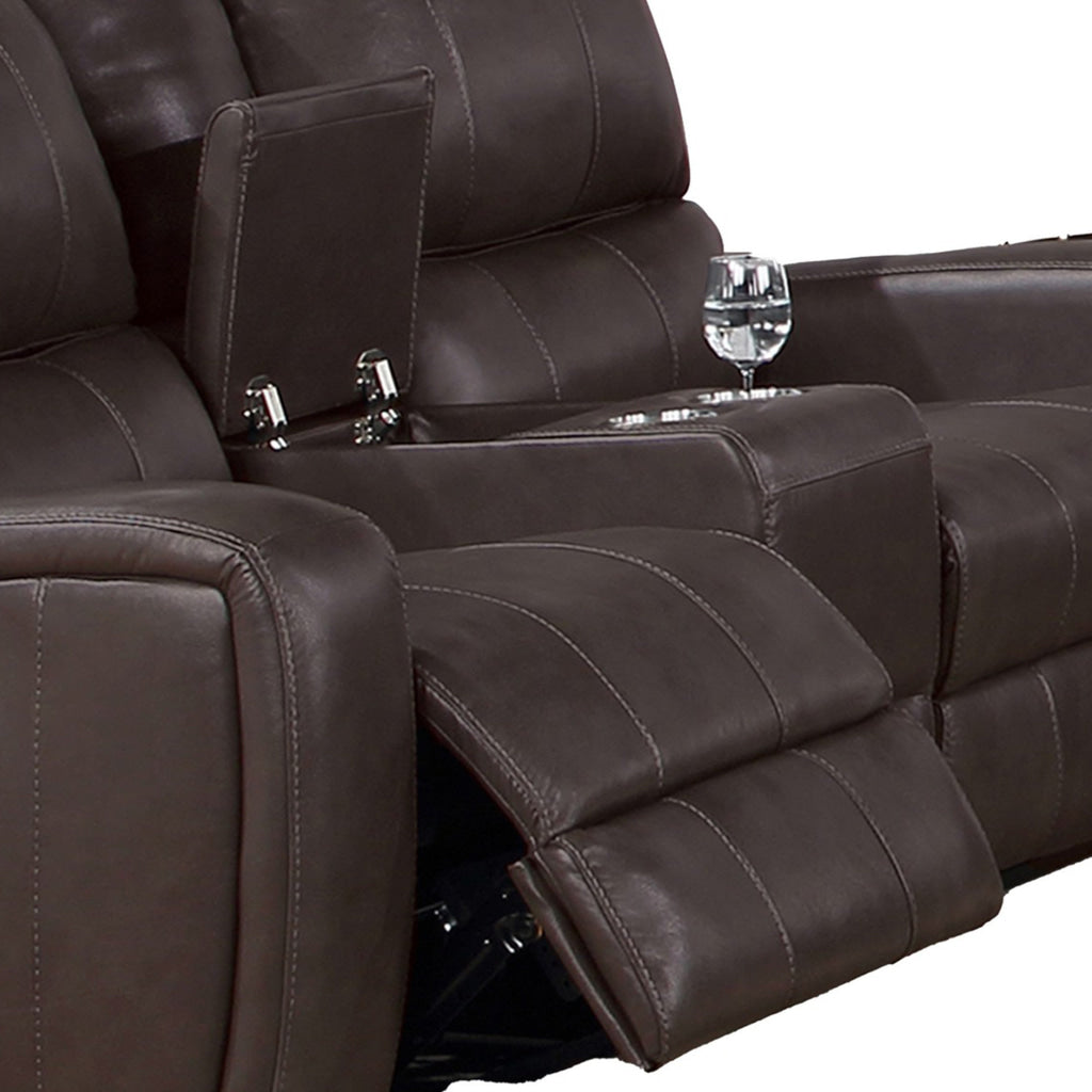 Elle 72 Inch Loveseat Power Recliner Console USB Brown Real Leather By Casagear Home BM316092