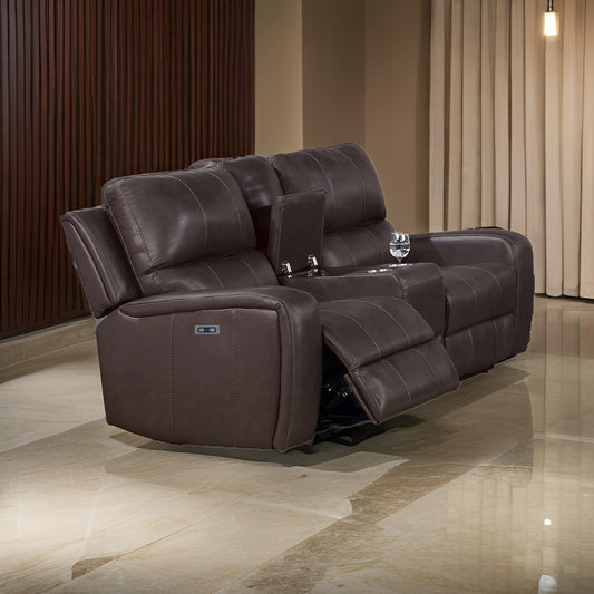 Elle 72 Inch Loveseat, Power Recliner, Console, USB, Brown Real Leather By Casagear Home