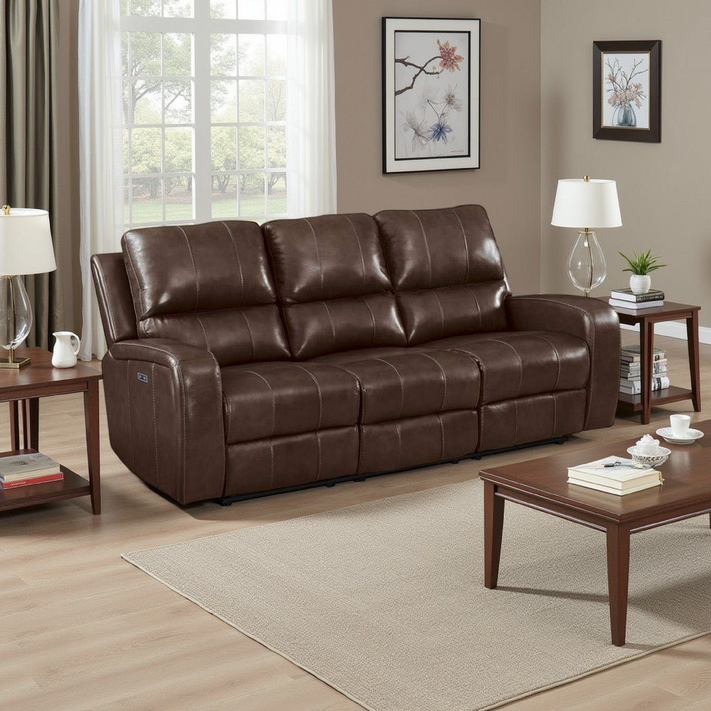 Elle 82 Inch Sofa, Dual Manual Recliner, Cushioned Seat, Brown Real Leather By Casagear Home